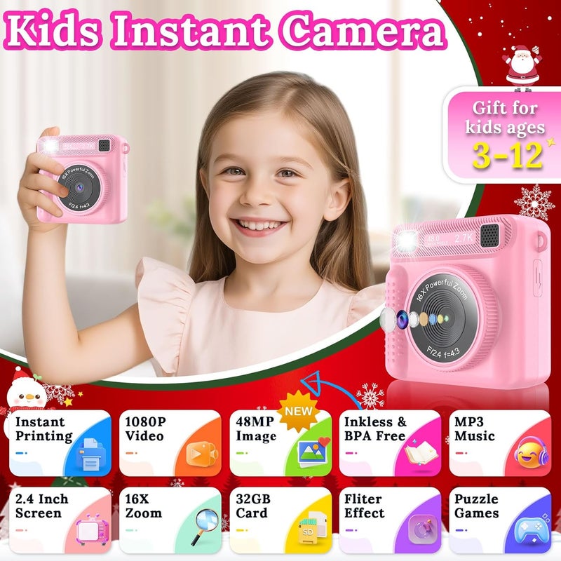 JPVERLY Kids Instant Print Camera - Christmas Birthday Gift for Boys and Girls Ages 3-12, Kids Digital Camera Toys with 1080P HD Video, 32GB Card (Pink Pro) - Image 2